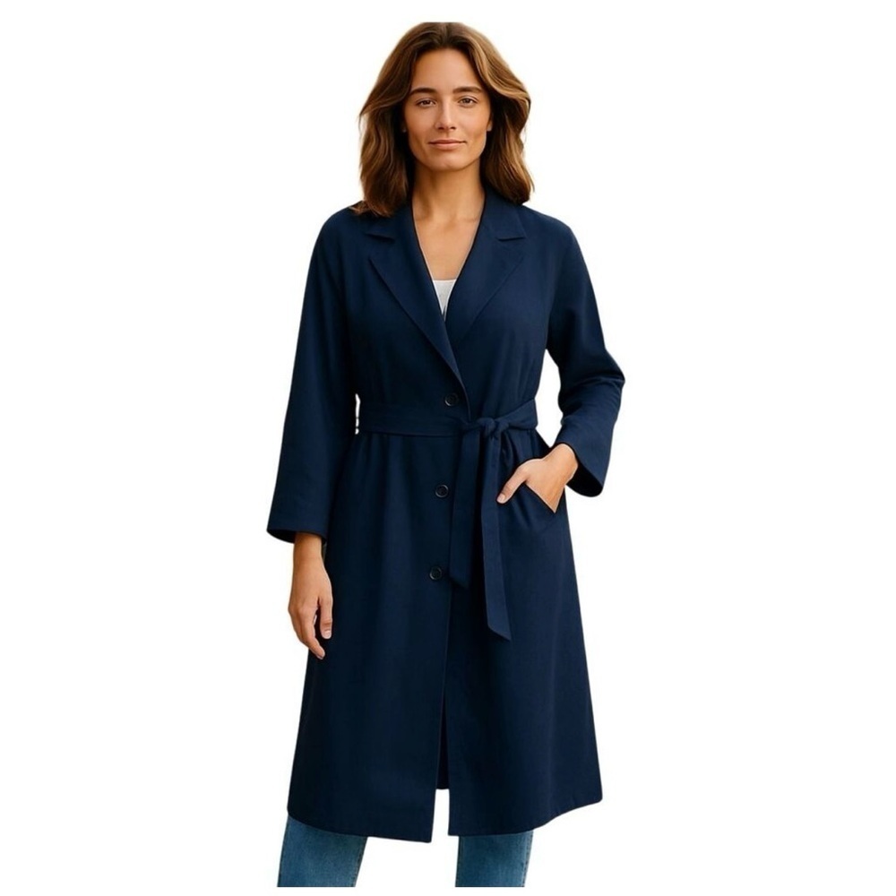 Gap Navy Blue Linen Blend Self Tie Duster Coat Size S/Tall